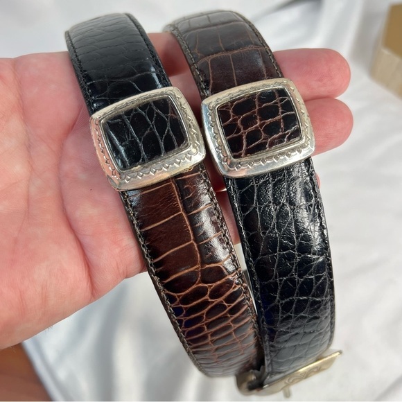 Vintage BRIGHTON Black Brown Belt Stacked Leather Engraved Buckle Adjustable Lg - Picture 6 of 9